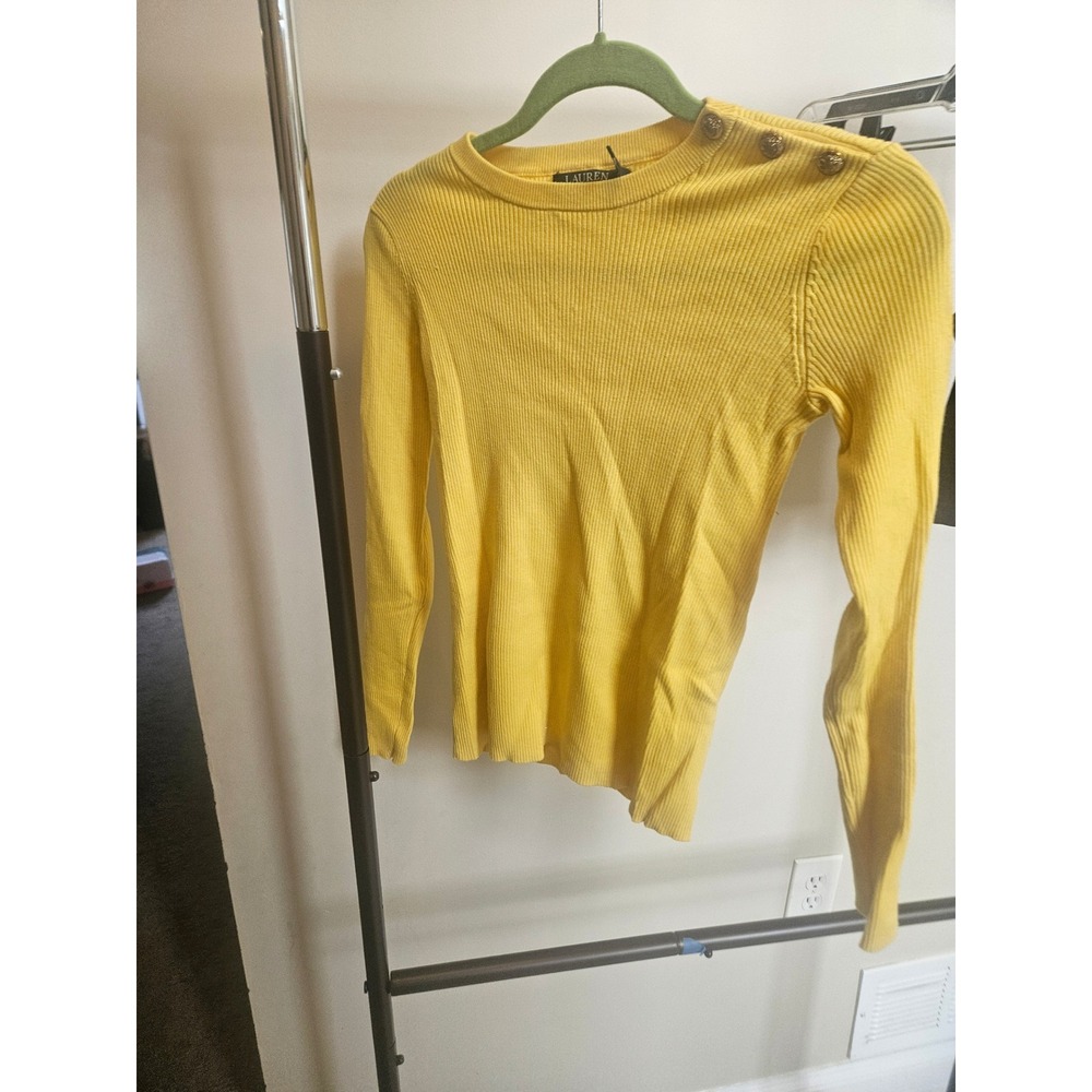 Lauren Ralph Lauren Yellow‎ Ribbed Knit Button Shoulder Sweater Top XS PXS